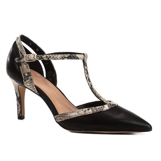 Scarpin Couro Shoestock Snake Mini Tachas - Preto+Bege