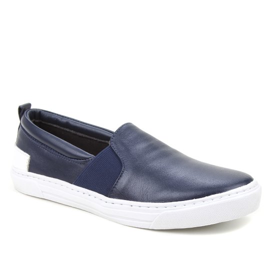 Slip On Couro Shoestock Elástico Feminino - Marinho+Branco