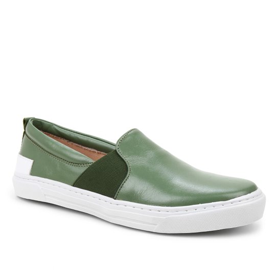 Slip On Couro Shoestock Elástico Feminino - Verde Militar