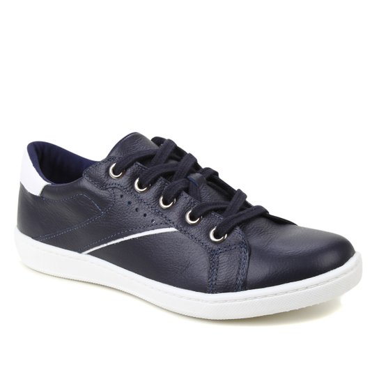 Tênis Couro Shoestock Básico Cadarço Recortes Feminino - Marinho+Branco
