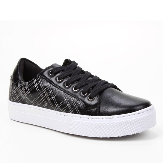 Tênis Couro Shoestock Bordado Feminino - Preto