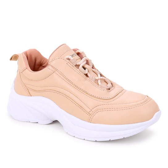 Tênis Couro Shoestock Cadarço Rolete Feminino - Nude