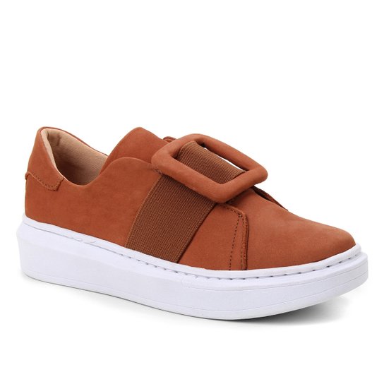 Tênis Couro Shoestock Fivela Feminino - Caramelo