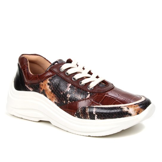 Tênis Couro Shoestock Mix Estampas Feminino - Caramelo