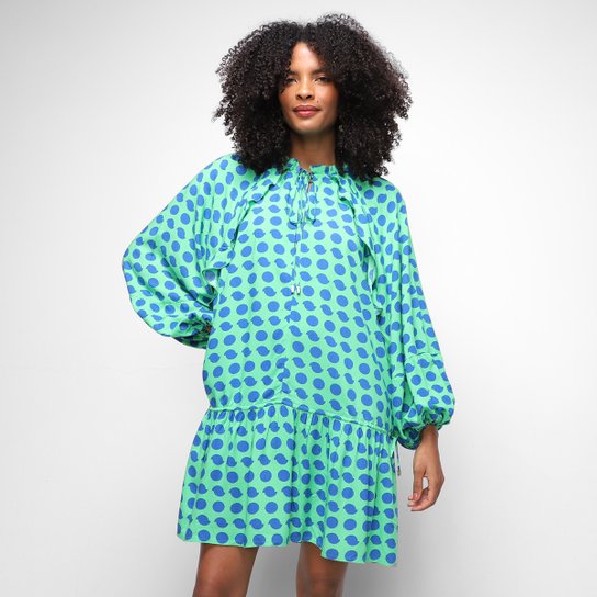 Vestido Curto Animale Pois Flash Lazuli Manga Bufante Feminino
